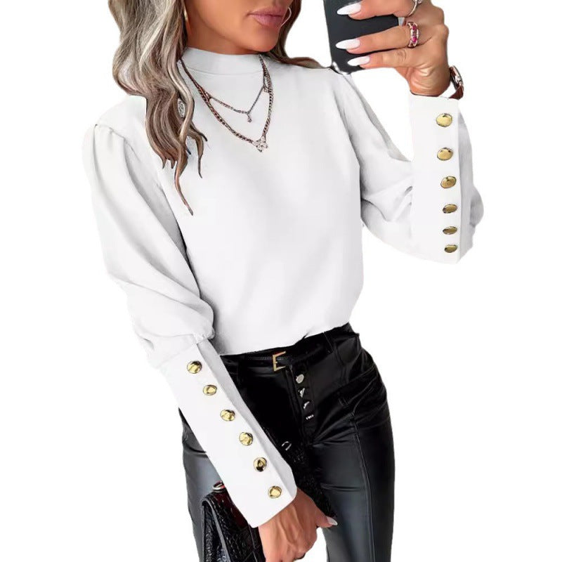 Damen - Elegante Bluse - Puffärmeln und Goldknöpfen - Stilvolle Mode für jeden Anlass