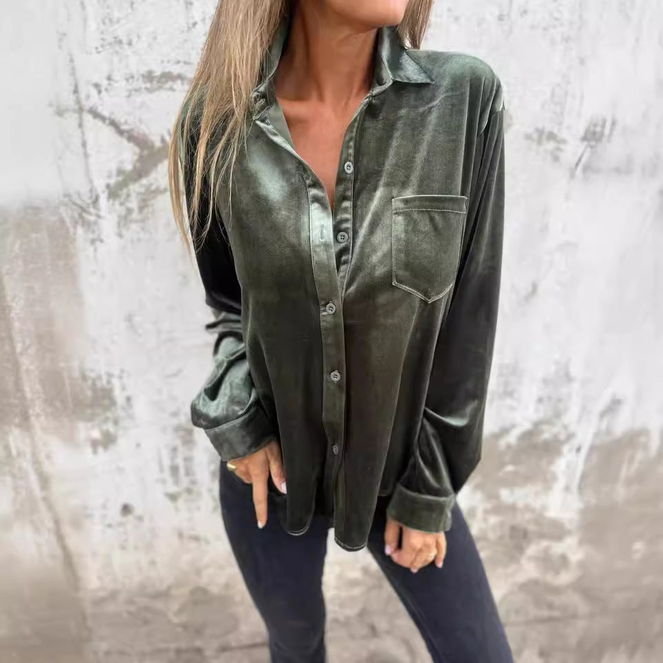 Damen - Elegante Samtbluse - Glänzender Stil - Weiche Bluse für jeden Anlass