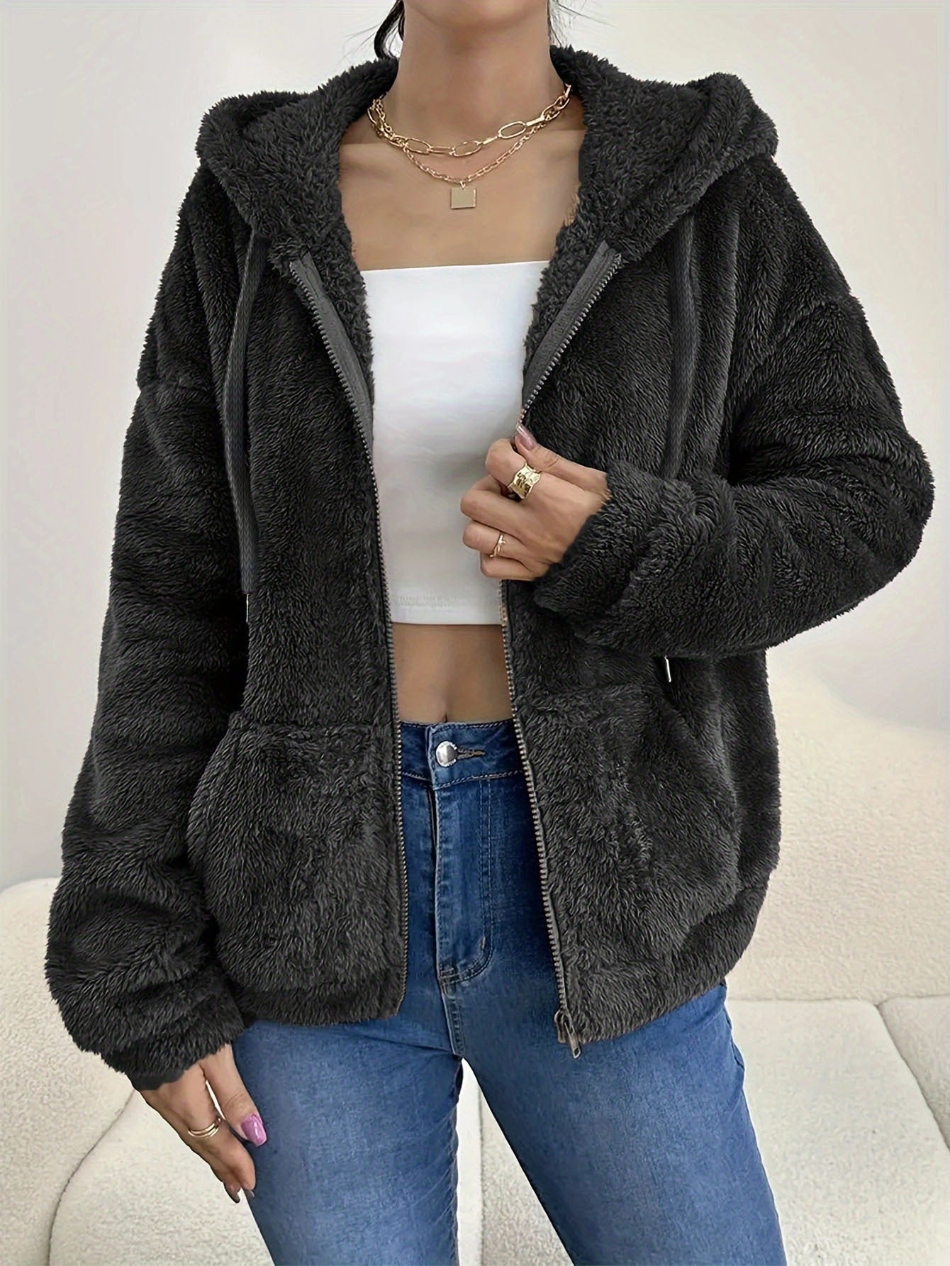 Damen - Fleecejacke - Kuschelig mit Kapuze & Taschen - Perfekt für kalte Tage