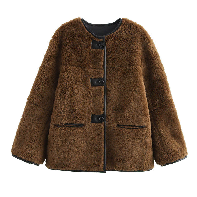 Damen - Teddy Jacke - Kontrast Taschen - Weicher Stoff - Trendiger Look für kalte Tage