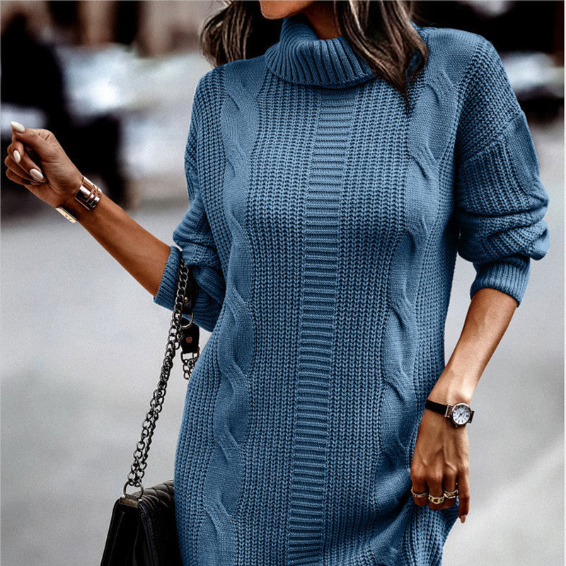 Damen - Schickes Strickkleid - Kordelmuster - Hoher Kragen und Elegantes Design für Stilbewusste
