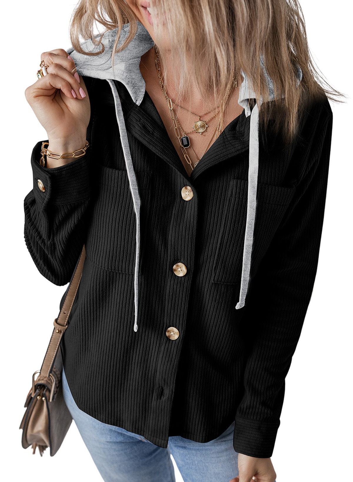 Damen - Hemdjacke - Kapuze & Rippstrick - Lässiger Stil für jeden Tag