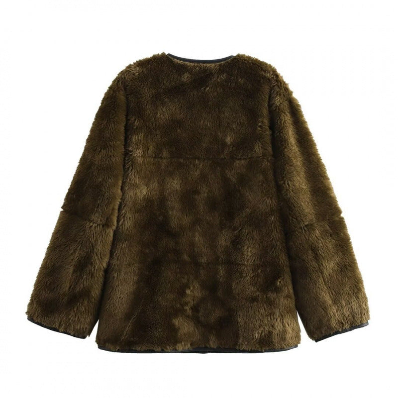 Damen - Teddy Jacke - Kontrast Taschen - Weicher Stoff - Trendiger Look für kalte Tage