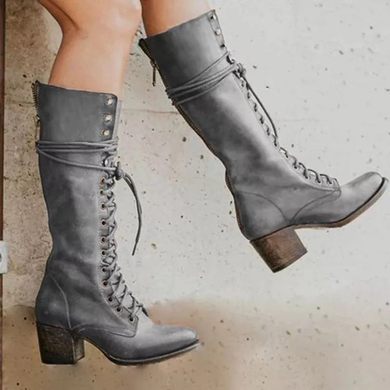 Damen - Kniehohe Schnürstiefel - Blockabsatz - Trendige Stiefel für jeden Anlass