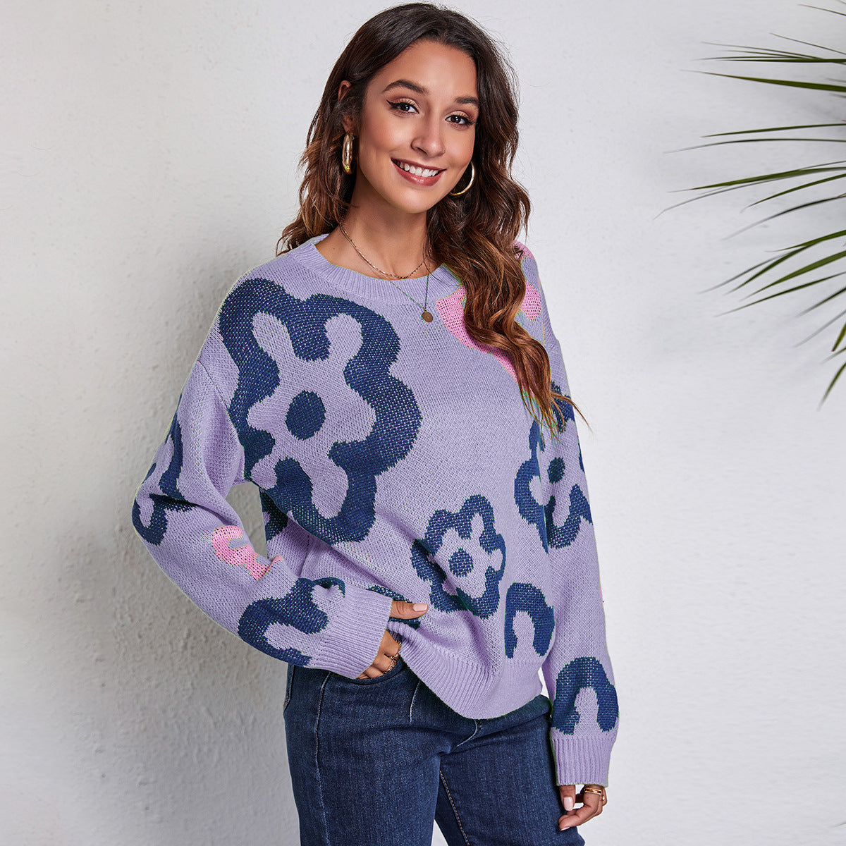 Damen - Lila Sweatshirt - Weicher Baumwolle - Bequemes Blümchenmuster - Perfekt für lässige Anlässe