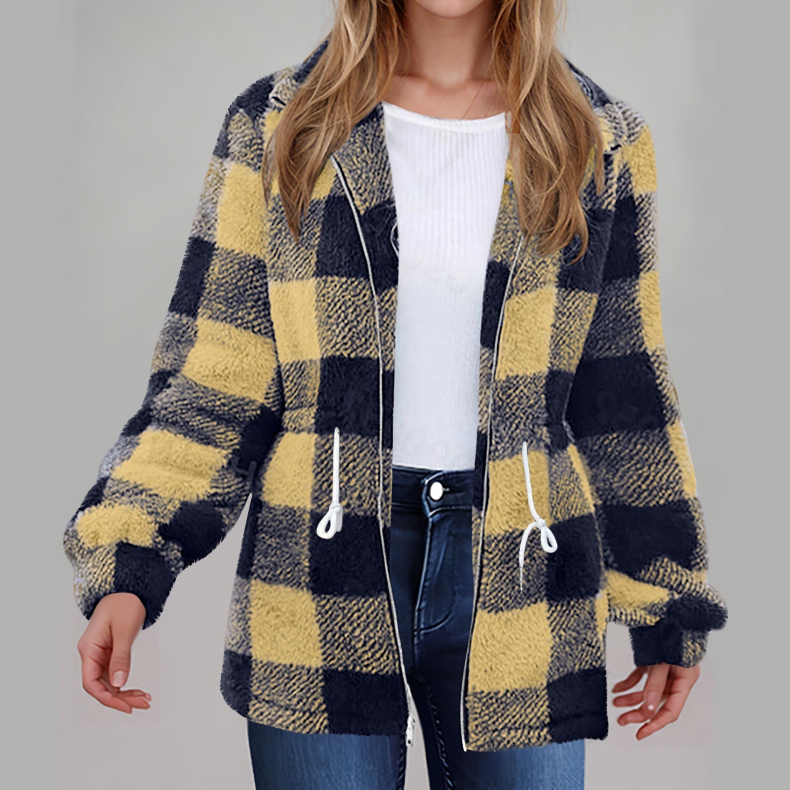 Damen - Karierte Plüschjacke - Reißverschluss - Modische Jacke für kalte Tage