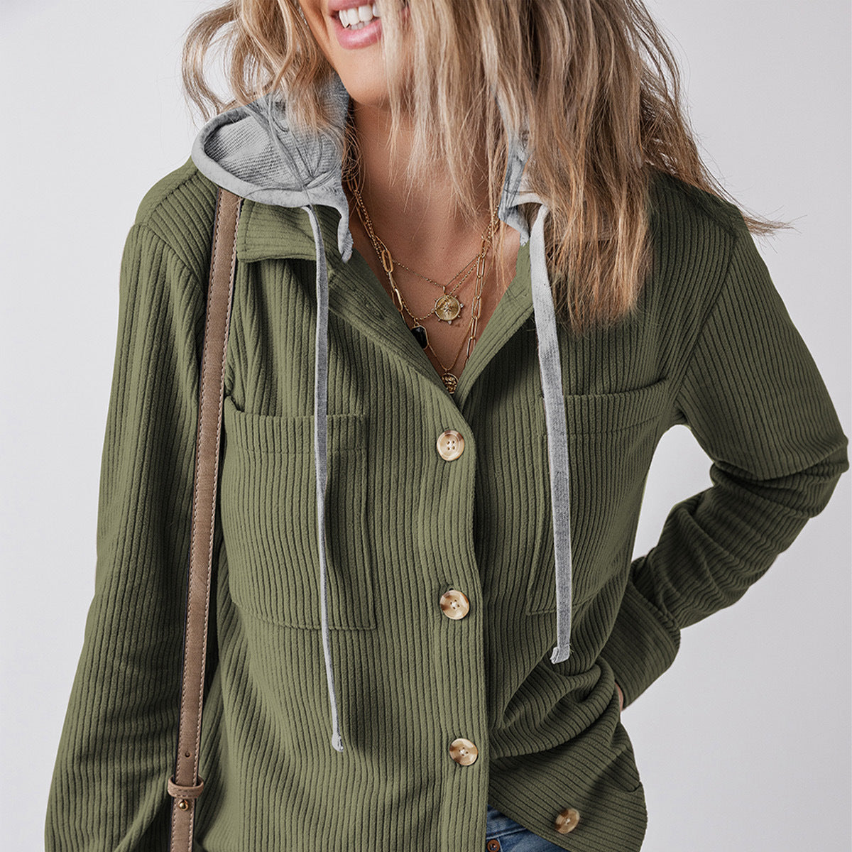 Damen - Hemdjacke - Kapuze & Rippstrick - Lässiger Stil für jeden Tag
