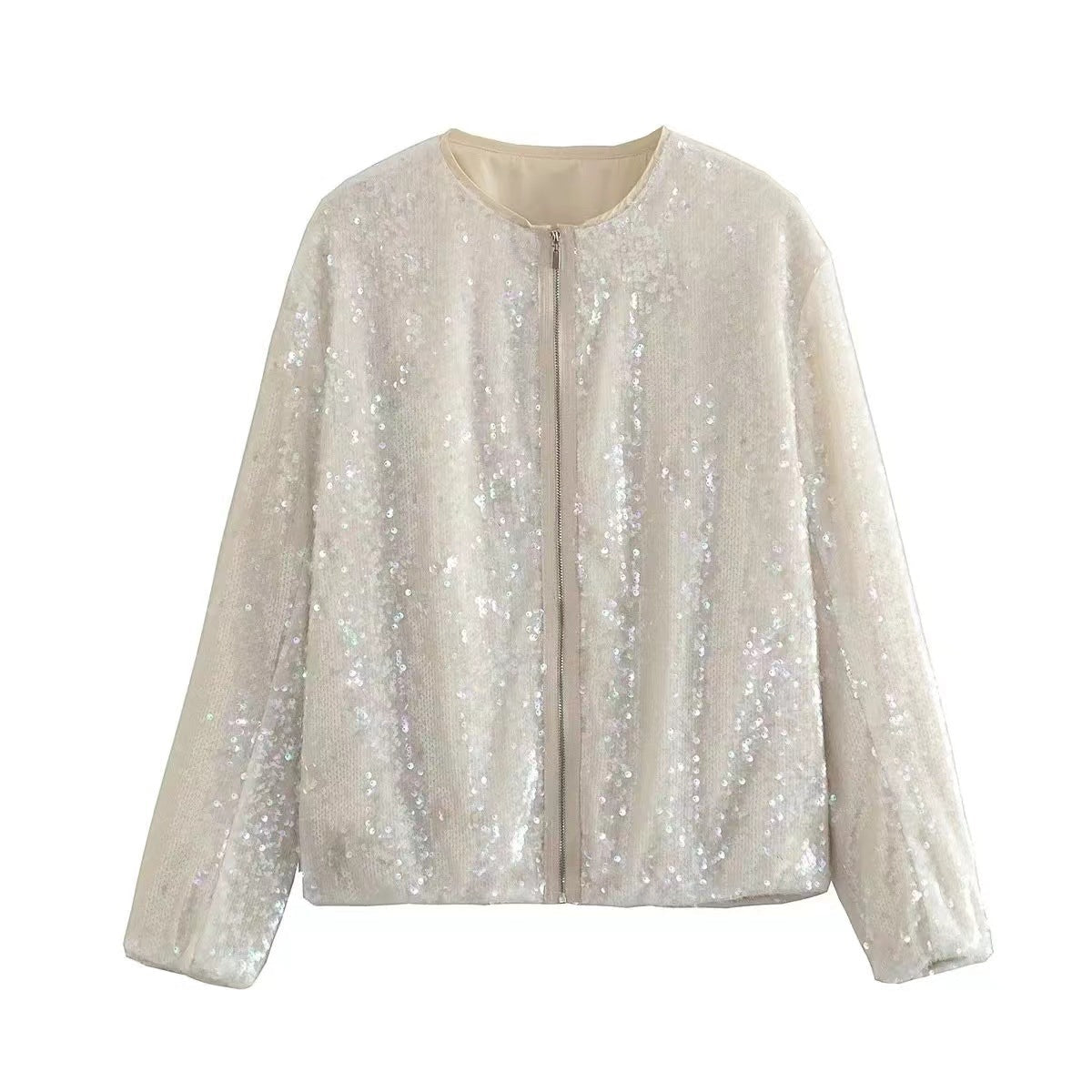 Damen - Stehkragen Pailletten Jacke - Reißverschluss - Glitzernde Eleganz für jeden Anlass