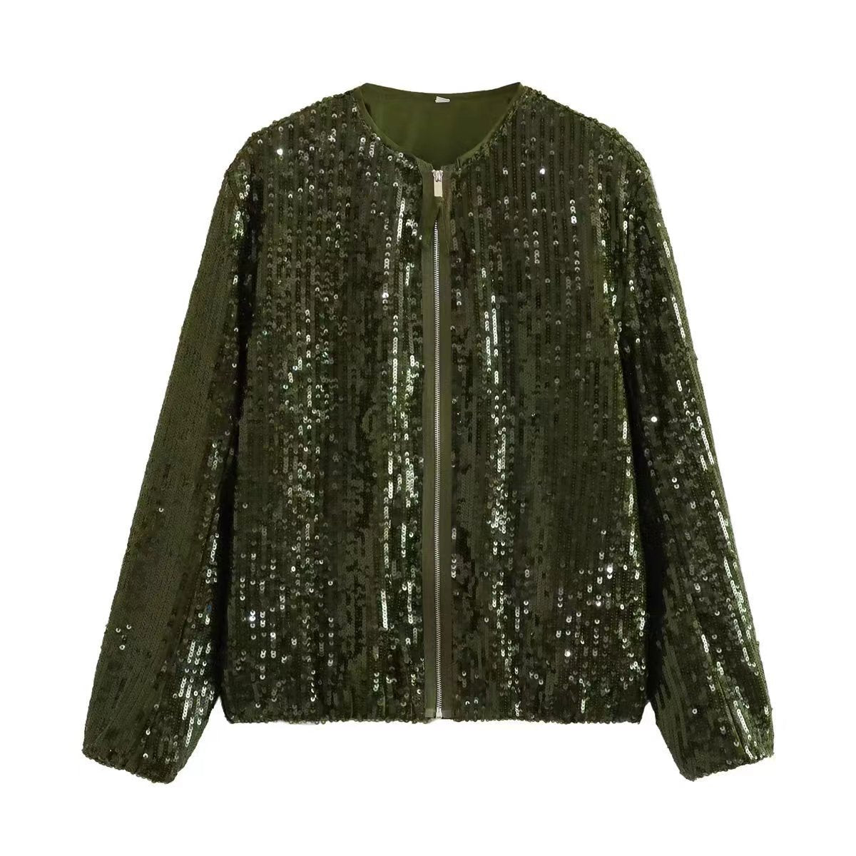 Damen - Stehkragen Pailletten Jacke - Reißverschluss - Glitzernde Eleganz für jeden Anlass