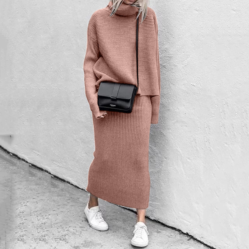 Damen - Rollkragen Strick Kombi Set - Dehnbare Stoff - Geripptes Design - Angenehm und Stylisch