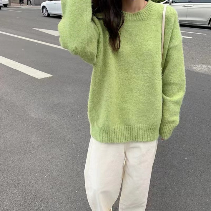 Damen - Gemütlicher übergroßer Strickpullover - Weicher Rundhalsausschnitt - Bequeme Mode für jeden Tag