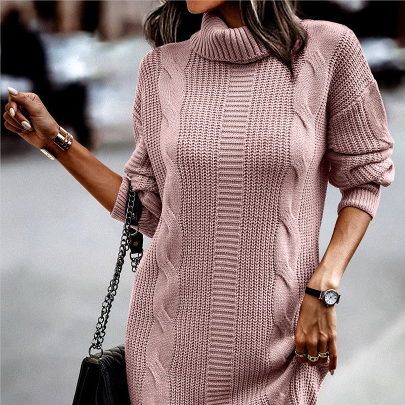 Damen - Schickes Strickkleid - Kordelmuster - Hoher Kragen und Elegantes Design für Stilbewusste