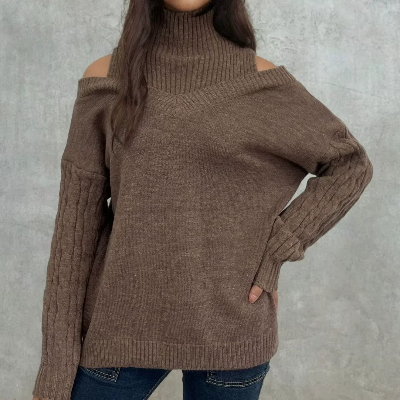 Damen - Schulterfreier Zopfstrick Pullover - Lockere Passform - Bequem und Stylisch für jeden Anlass