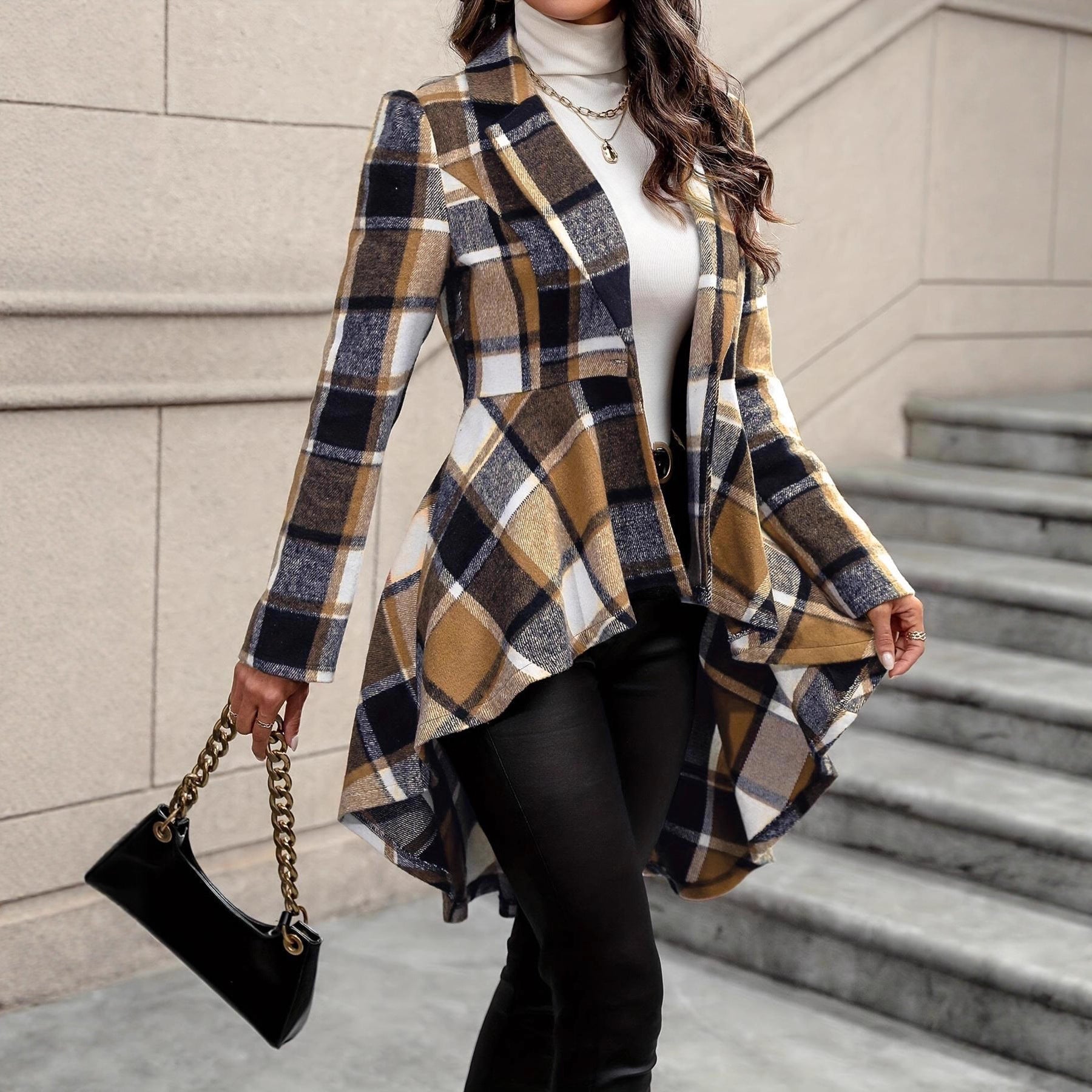 Damen - Karomuster Jacke - Asymmetrischer Saum - Stylische Übergangsjacke für jede Gelegenheit