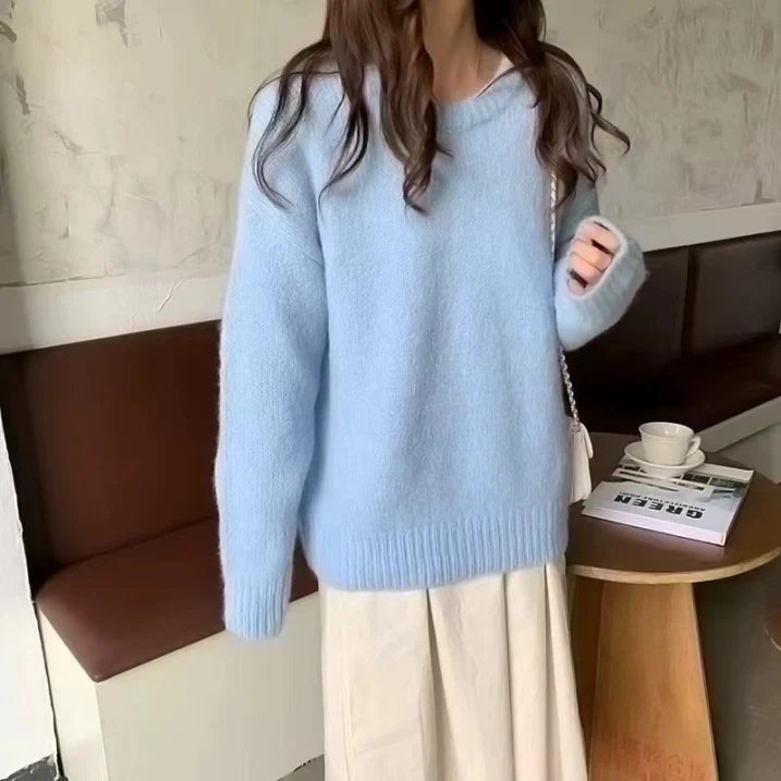 Damen - Gemütlicher übergroßer Strickpullover - Weicher Rundhalsausschnitt - Bequeme Mode für jeden Tag
