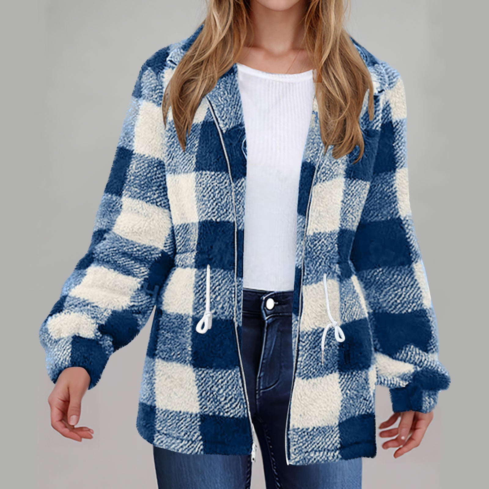 Damen - Karierte Plüschjacke - Reißverschluss - Modische Jacke für kalte Tage