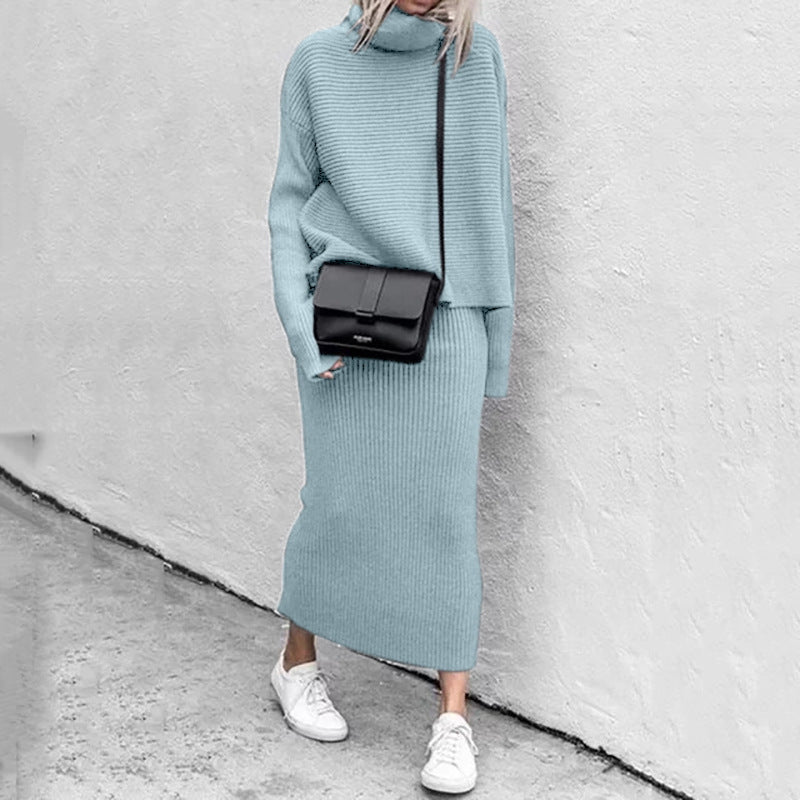 Damen - Rollkragen Strick Kombi Set - Dehnbare Stoff - Geripptes Design - Angenehm und Stylisch