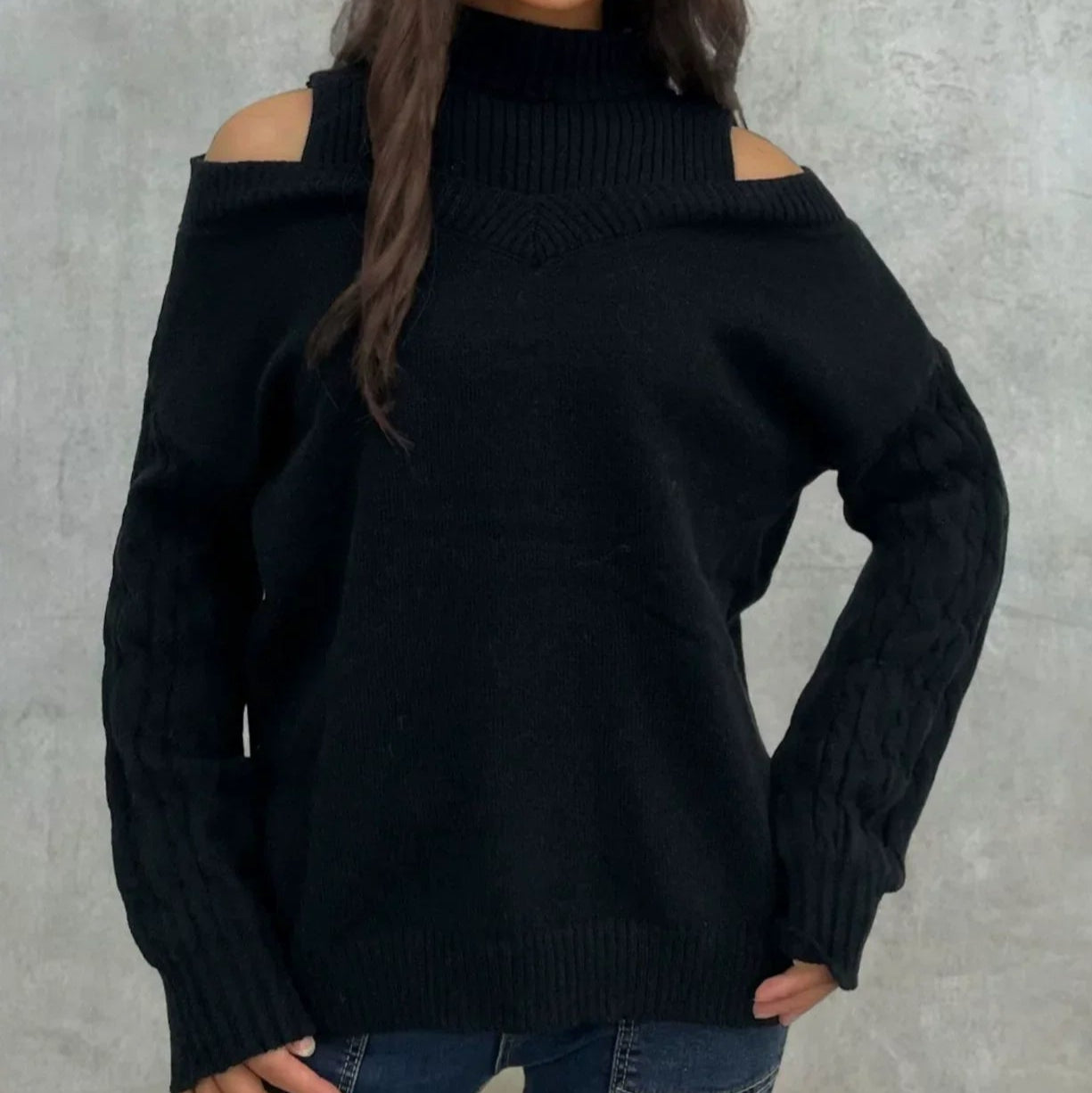 Damen - Schulterfreier Zopfstrick Pullover - Lockere Passform - Bequem und Stylisch für jeden Anlass