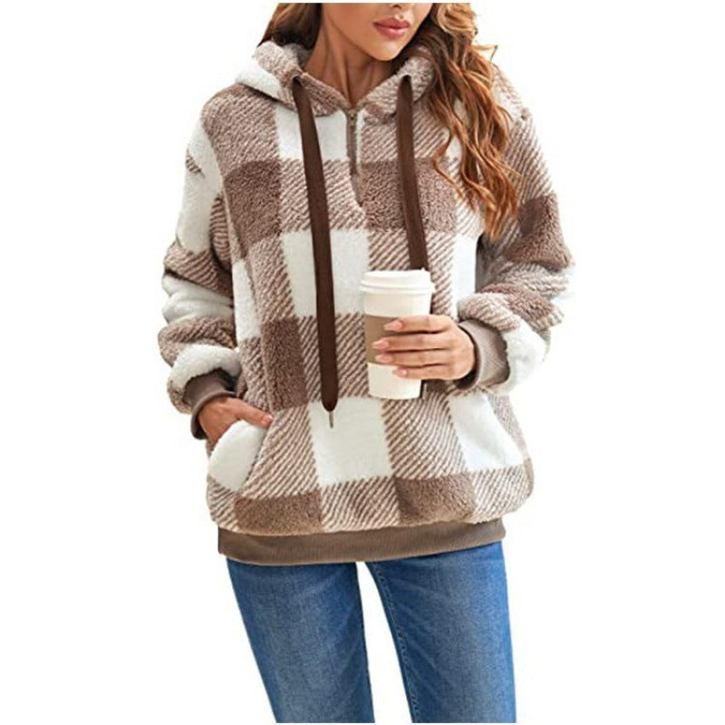 Damen - Karierter Kapuzenpullover - Hoher Kragen - Kuscheliger Stil für kalte Tage