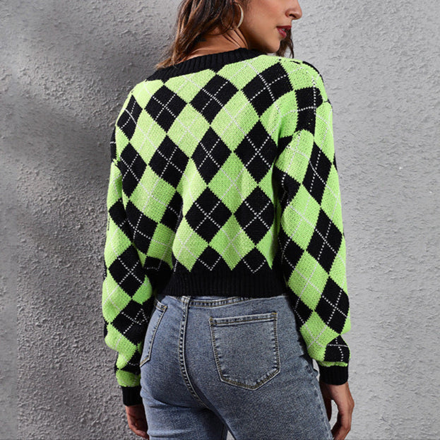 Damen - Weit geschnittene Strickjacke - Baumwolle - Karomuster - Bequemer Knopfverschluss