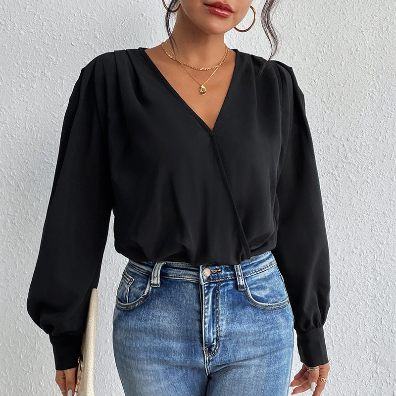 Damen - Elegante bluse - V-Ausschnitt - Voluminösen Ärmeln - Stilvoll und Bequem für Jeden Anlass