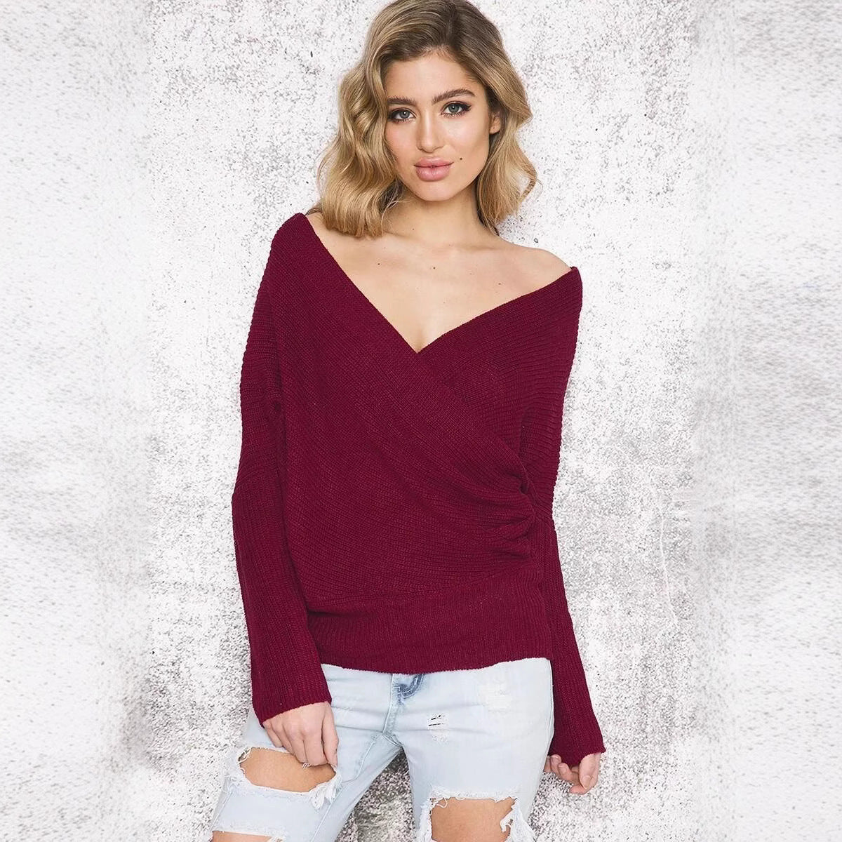 Damen - Wickel-Pullover mit V-Ausschnitt - Weiches Material - Bequeme, lässige Passform für jeden Anlass