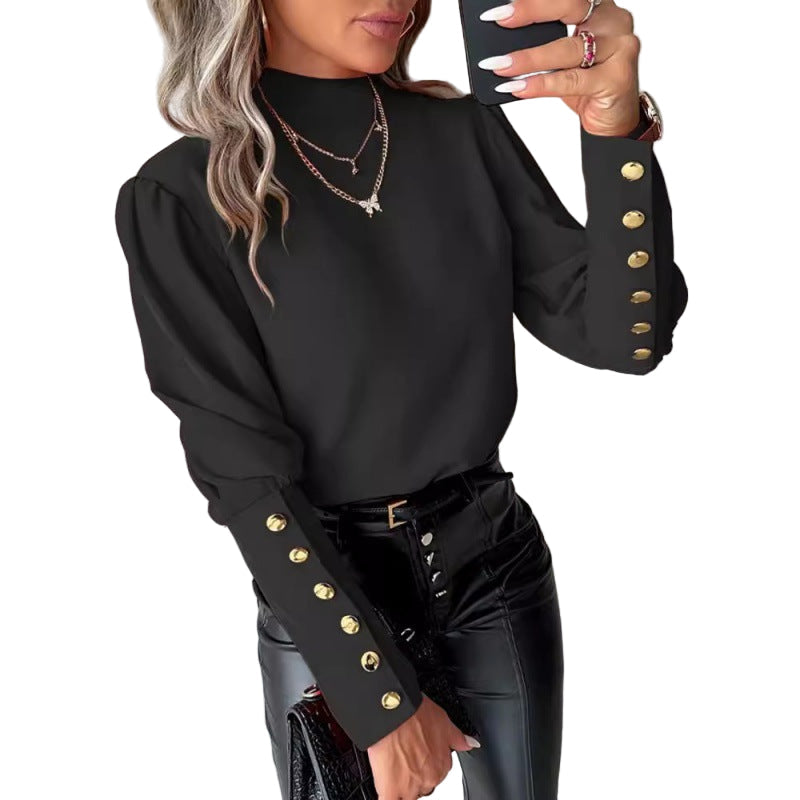 Damen - Elegante Bluse - Puffärmeln und Goldknöpfen - Stilvolle Mode für jeden Anlass