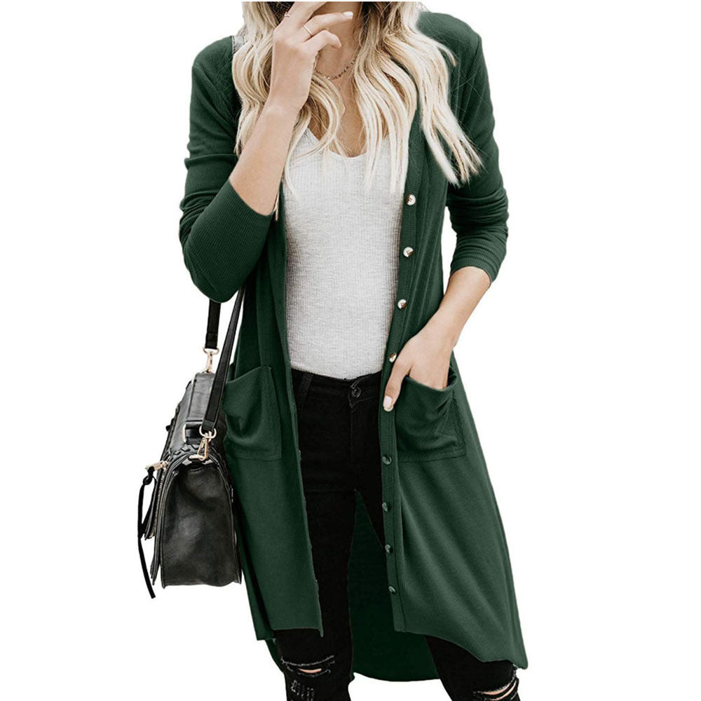 Damen - Lange Strickjacke - Knöpfen und praktischen Taschen - Bequeme und stilvolle Strickmode