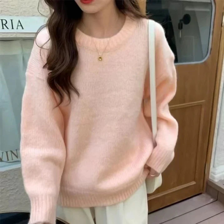 Damen - Gemütlicher übergroßer Strickpullover - Weicher Rundhalsausschnitt - Bequeme Mode für jeden Tag