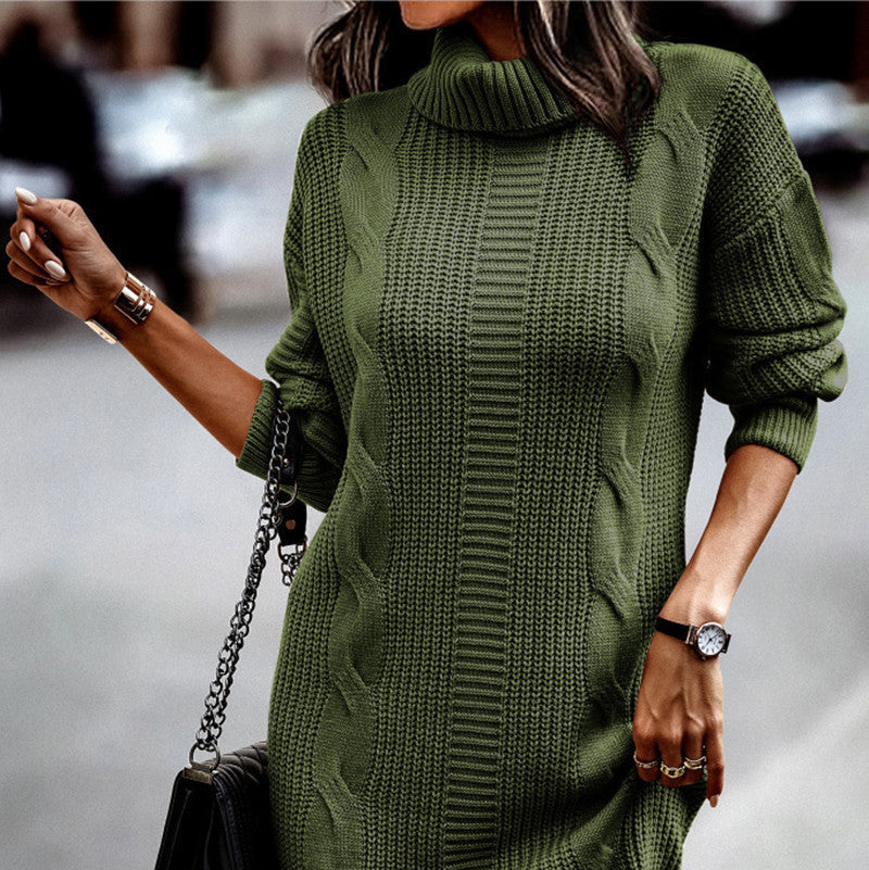 Damen - Schickes Strickkleid - Kordelmuster - Hoher Kragen und Elegantes Design für Stilbewusste