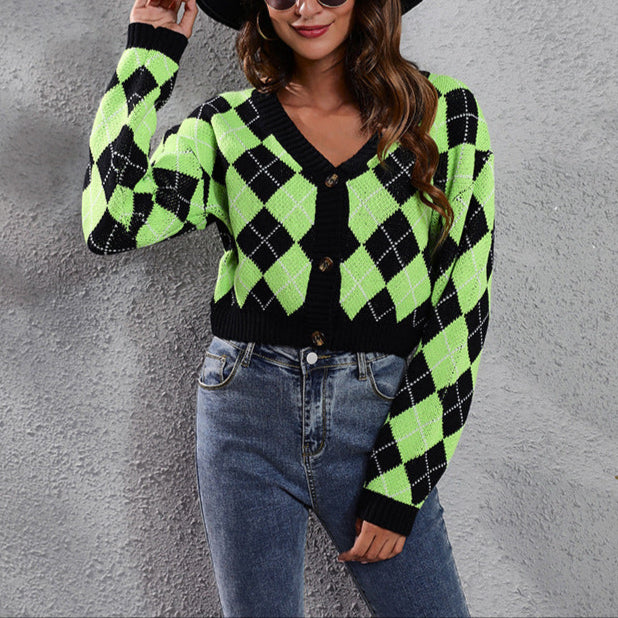Damen - Weit geschnittene Strickjacke - Baumwolle - Karomuster - Bequemer Knopfverschluss