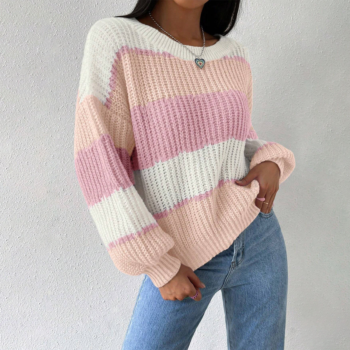 Damen - Langärmeliger gestrickter Pullover - Stricktextur - Rundhalsausschnitt - Bequeme Mode für jeden Anlass