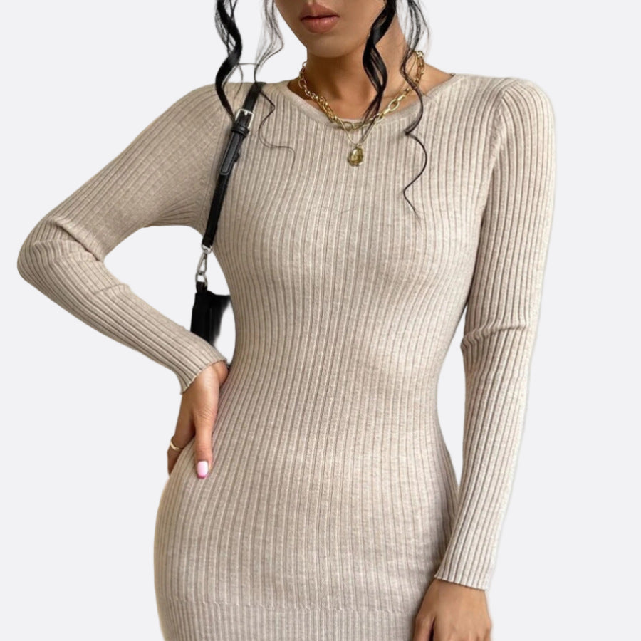 Damen - Strickkleid - Gerafftem Saum und Rippenmuster - Bequemes und Stilvolles Kleid für jeden Anlass