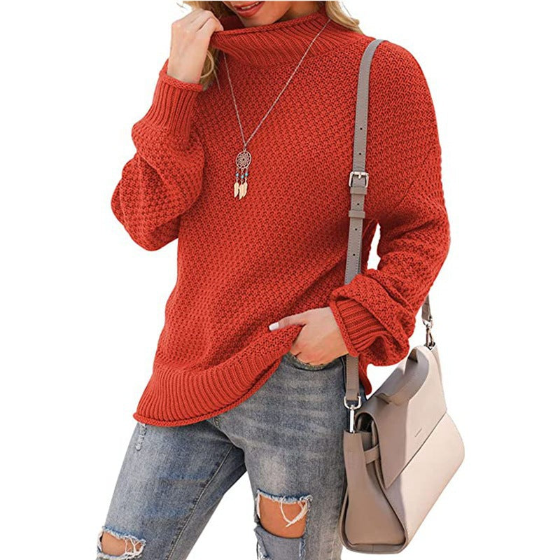 Damen - Bequemer Grobstrick Pullover - Hoher Kragen - Bequeme und Stilvolle Passform