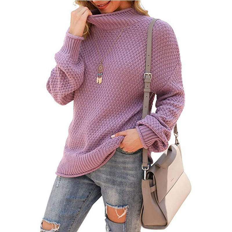 Damen - Bequemer Grobstrick Pullover - Hoher Kragen - Bequeme und Stilvolle Passform