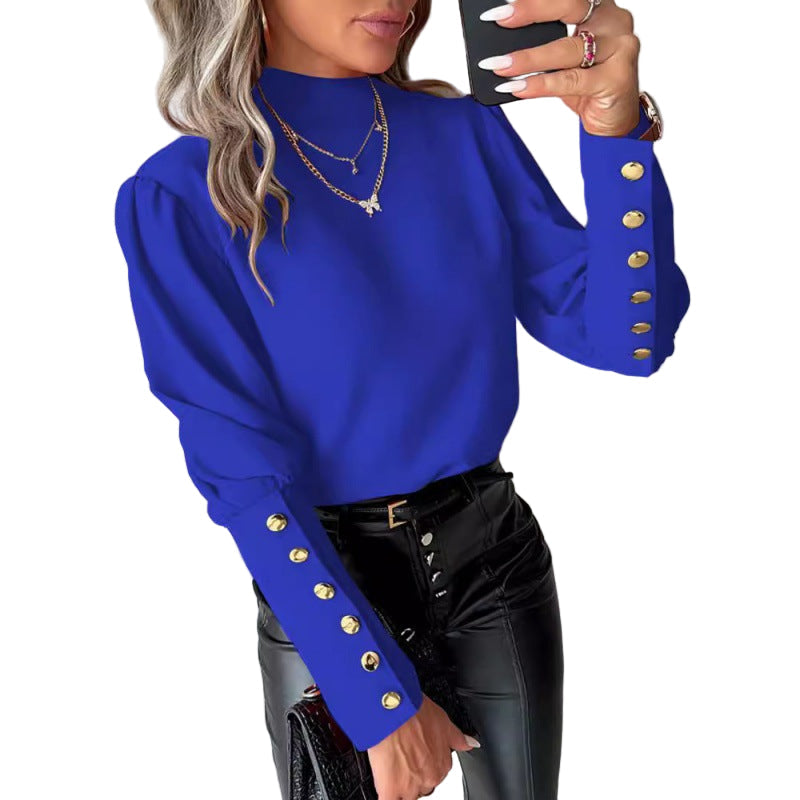 Damen - Elegante Bluse - Puffärmeln und Goldknöpfen - Stilvolle Mode für jeden Anlass