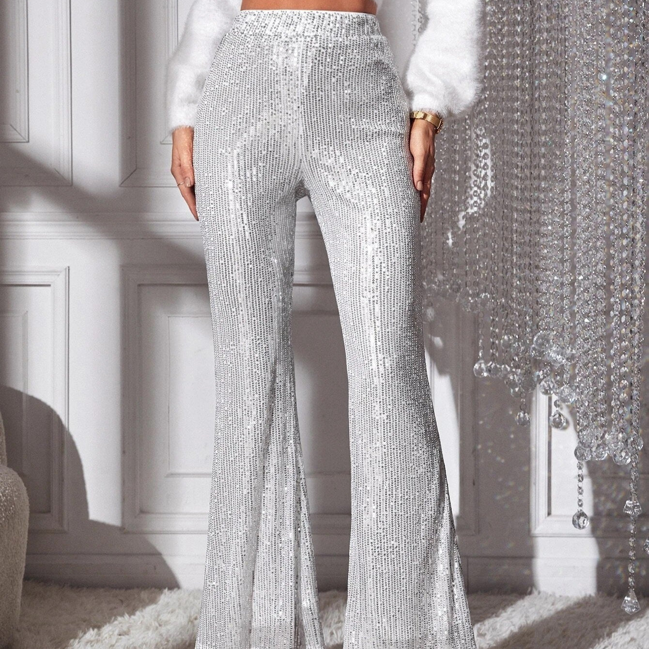 Damen - Elegante hochtaillierte Hose - Glitzerdetails - Stilvoll und modern mit hohem Bund