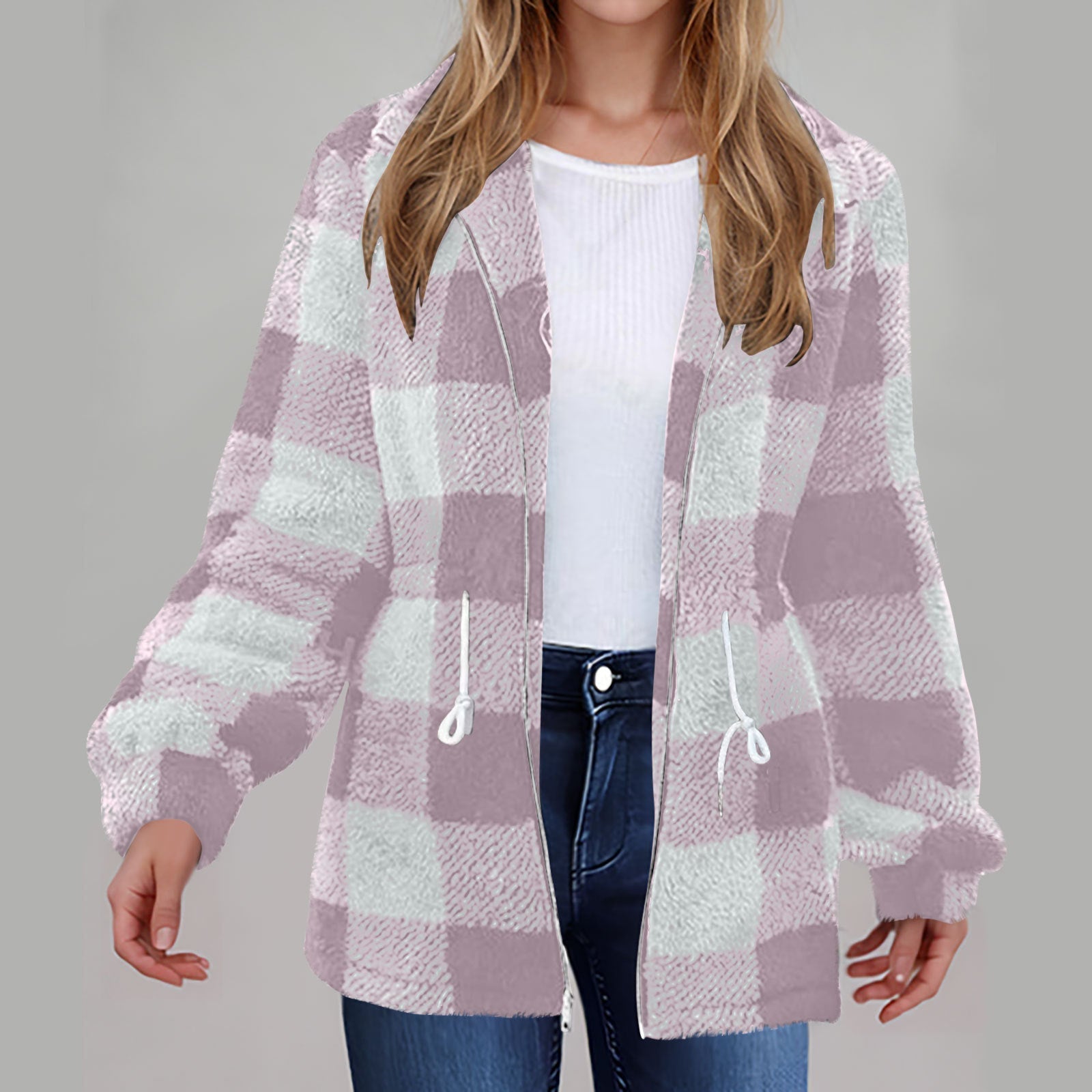 Damen - Karierte Plüschjacke - Reißverschluss - Modische Jacke für kalte Tage