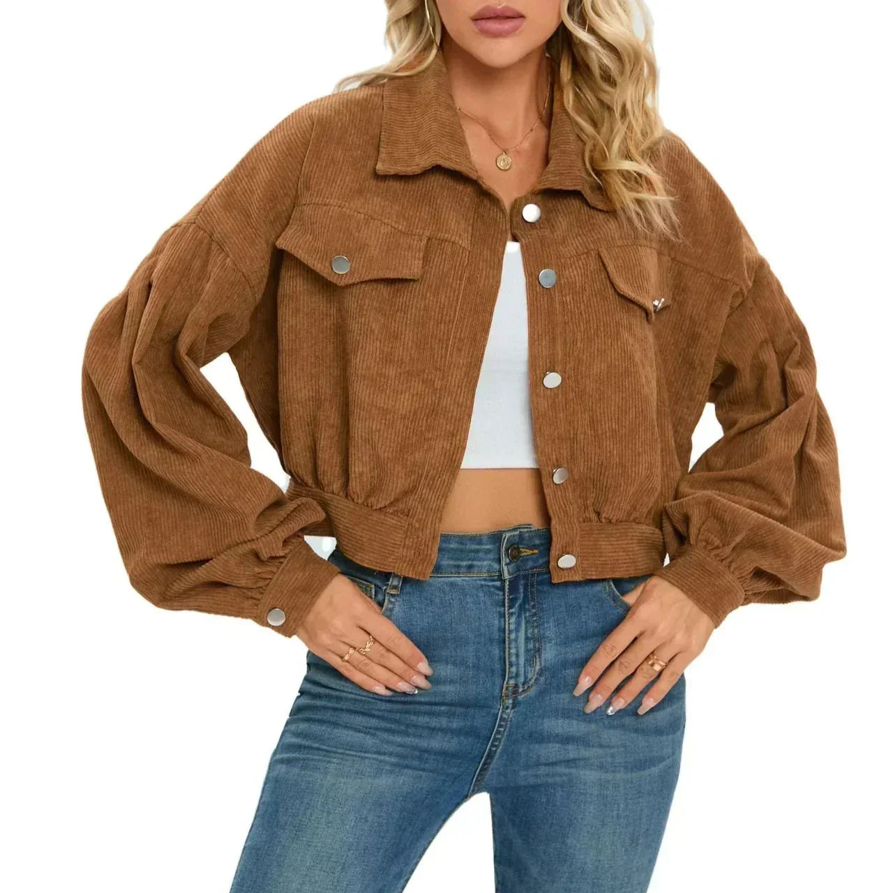 Damen - Gekürzte Cord-Denim-Jacke - Weichem Cord - Mit Übergrößen Ballonärmel - Trendy und Bequem