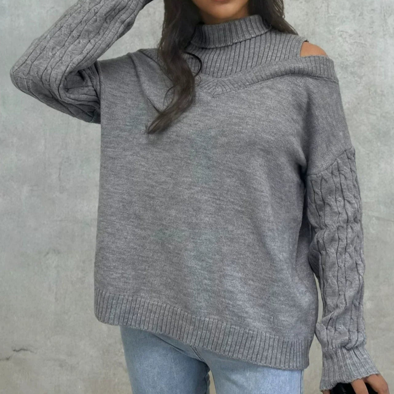 Damen - Schulterfreier Zopfstrick Pullover - Lockere Passform - Bequem und Stylisch für jeden Anlass