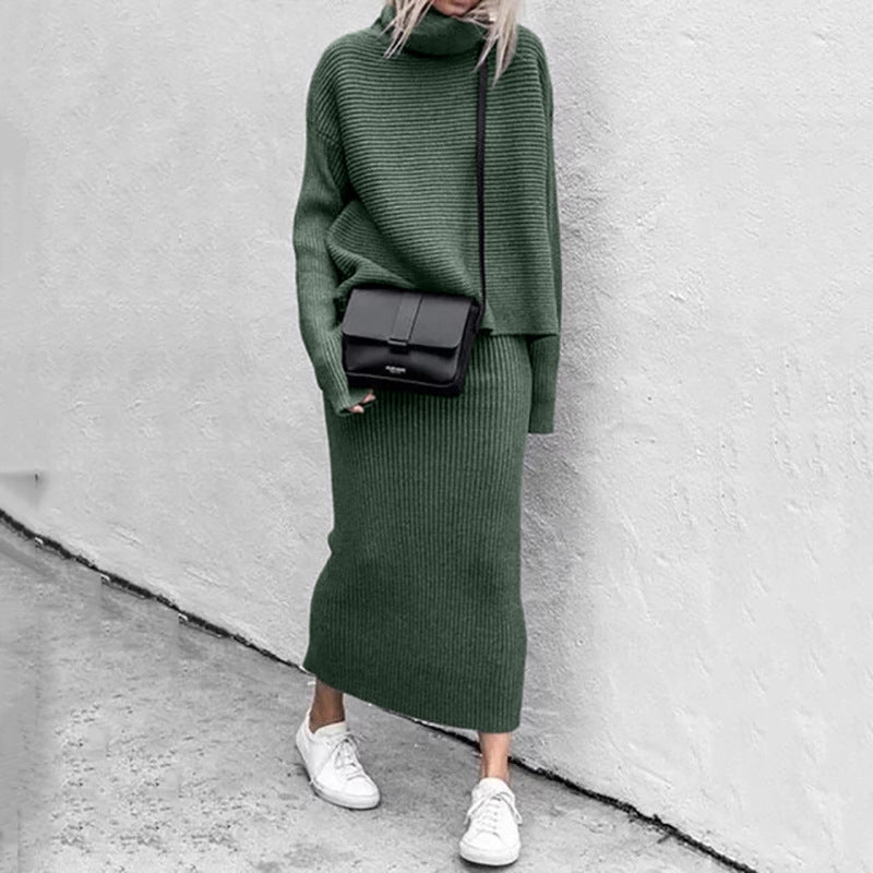 Damen - Rollkragen Strick Kombi Set - Dehnbare Stoff - Geripptes Design - Angenehm und Stylisch