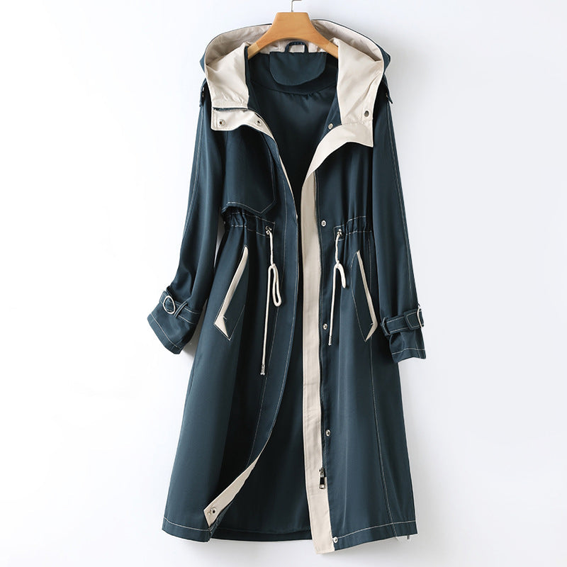 Damen - Langer Trenchcoat - Kapuze - Wasserdicht & Stylisch - Perfekt für Regenwetter