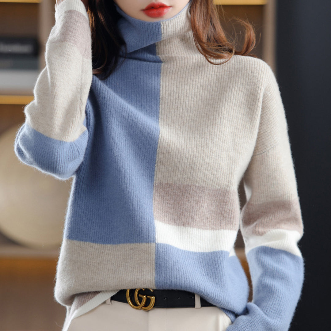 Damen - Rollkragenpullover - Farbblockdesign - Gemütlicher Strickpullover für stilvollen Komfort