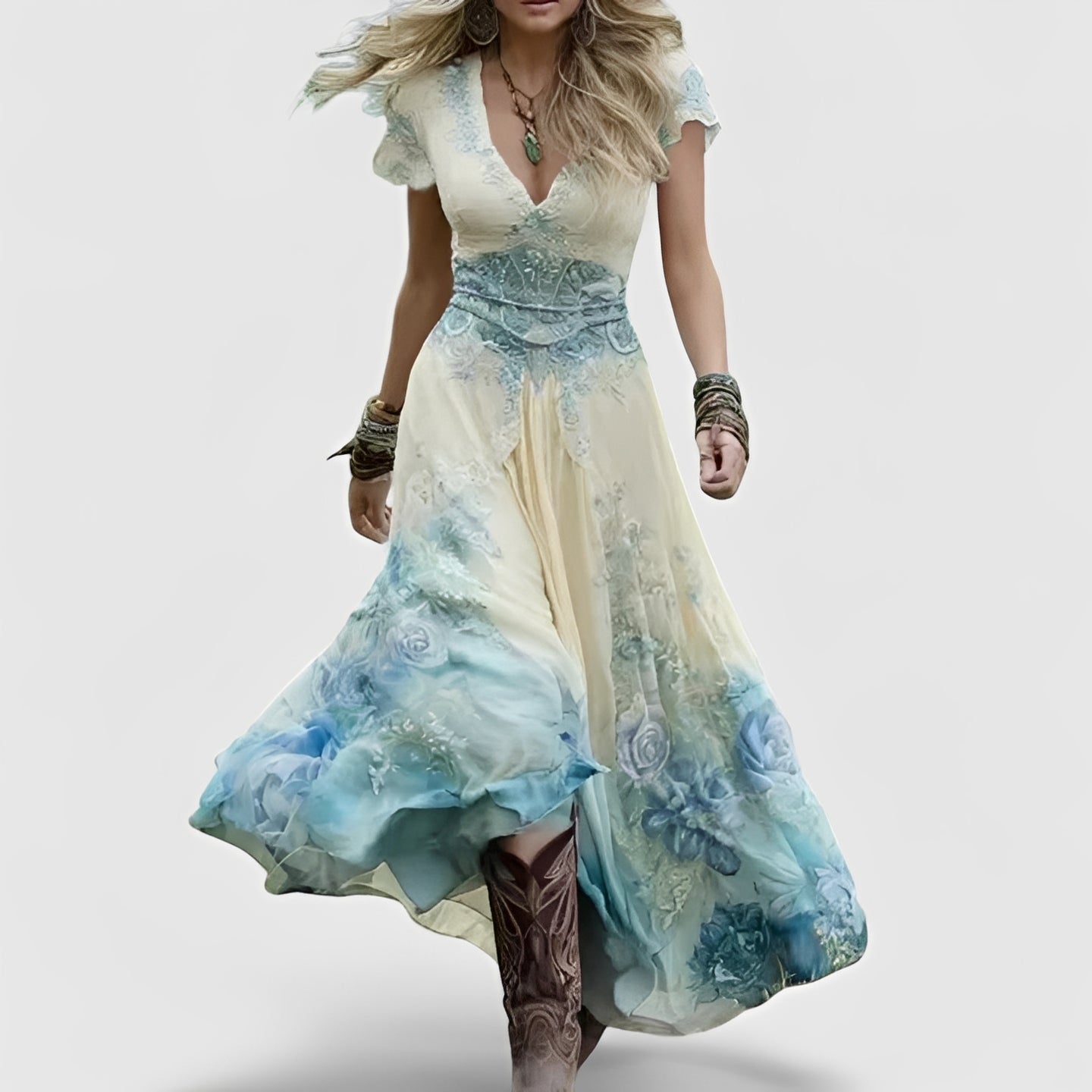 Lella – Schickes Kleid mit Stickereien und V-Ausschnitt