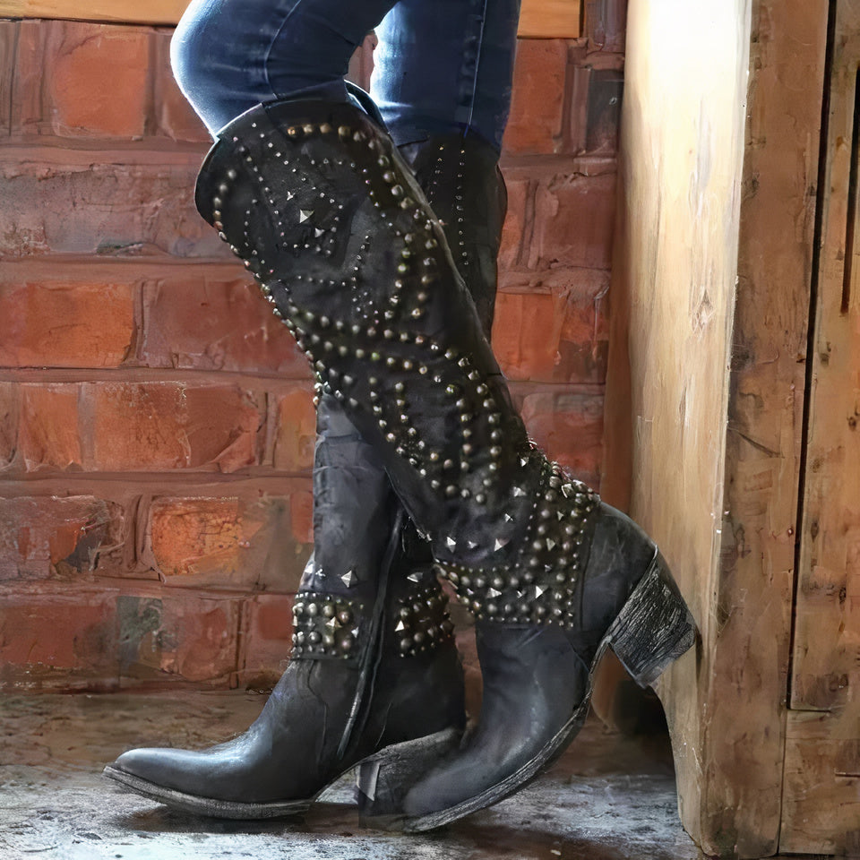 Damen - Cowboystiefel - Kniehohe - Vintage Design mit Nieten - Stylische Westernstiefel für jeden Anlass
