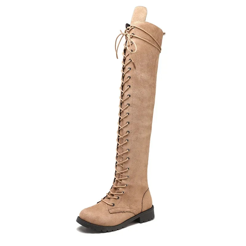 Damen - Über Knie Schnürstiefel - Wildleder - Modische und Bequeme Stiefel für jeden Anlass