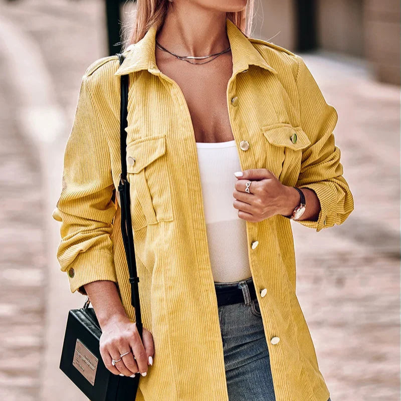Damen - Gelbe Cordjacke - Klassischer Stil - Modische und Bequeme Oberbekleidung für jeden Anlass