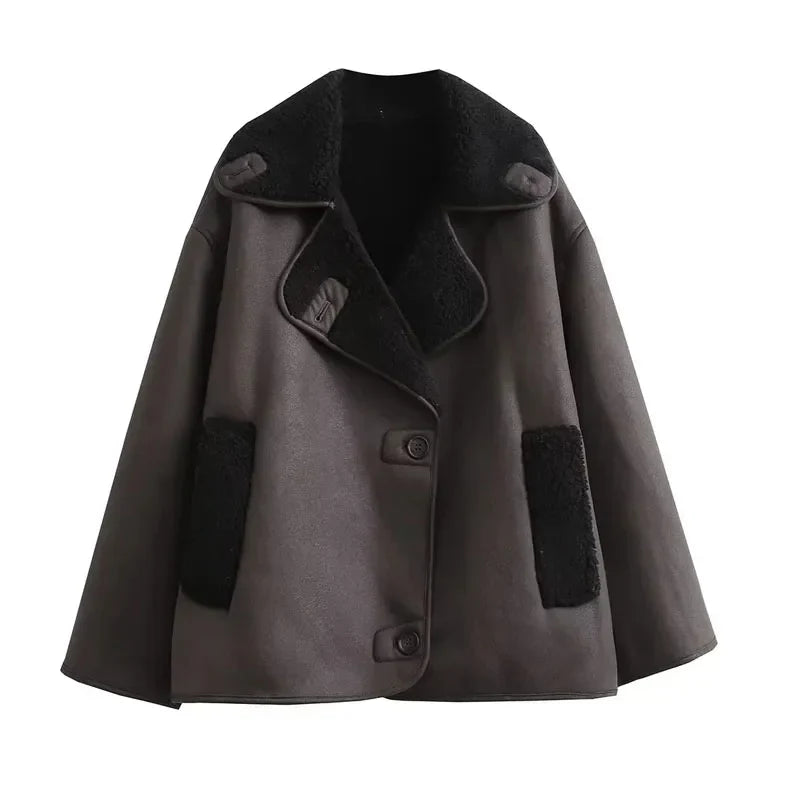 Damen - Winterjacke - Leder - Plüschfutter & breitem Kragen - Stylische und warme Mode für kalte Tage