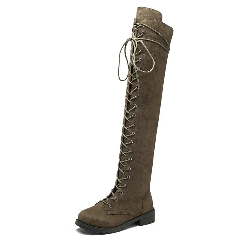 Damen - Über Knie Schnürstiefel - Wildleder - Modische und Bequeme Stiefel für jeden Anlass