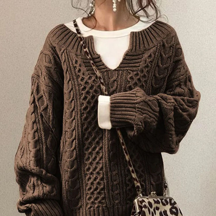 Damen - Pullover - V-Ausschnitt - Zopfstrick - Bequeme Übergröße für stilvollen Komfort